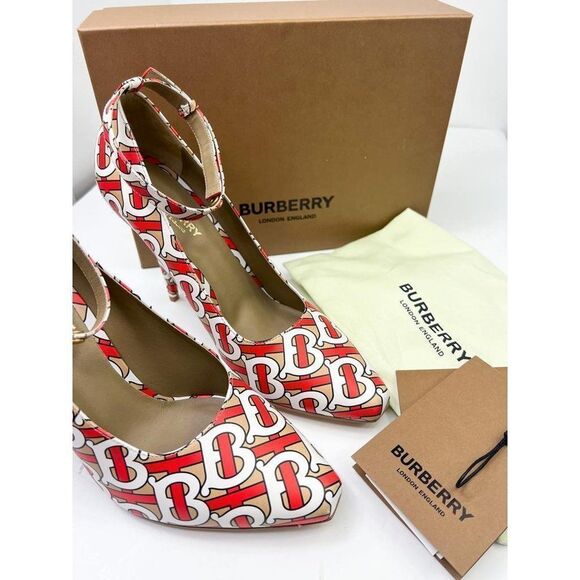 NWT BURBERRY Runway Red & Beige TB Monogram Logomania Ankle Strap Pumps … - Picture 10 of 13